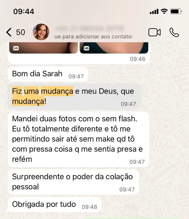 Depoimento de cliente no WhatsApp
